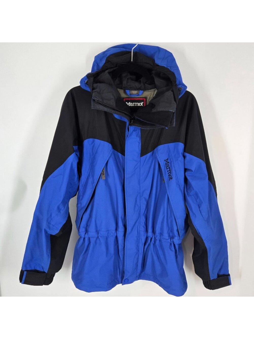 Marmot Blue & Black Gore-tex Windbreaker Rain Jacket with Hood Zip Up Size Small